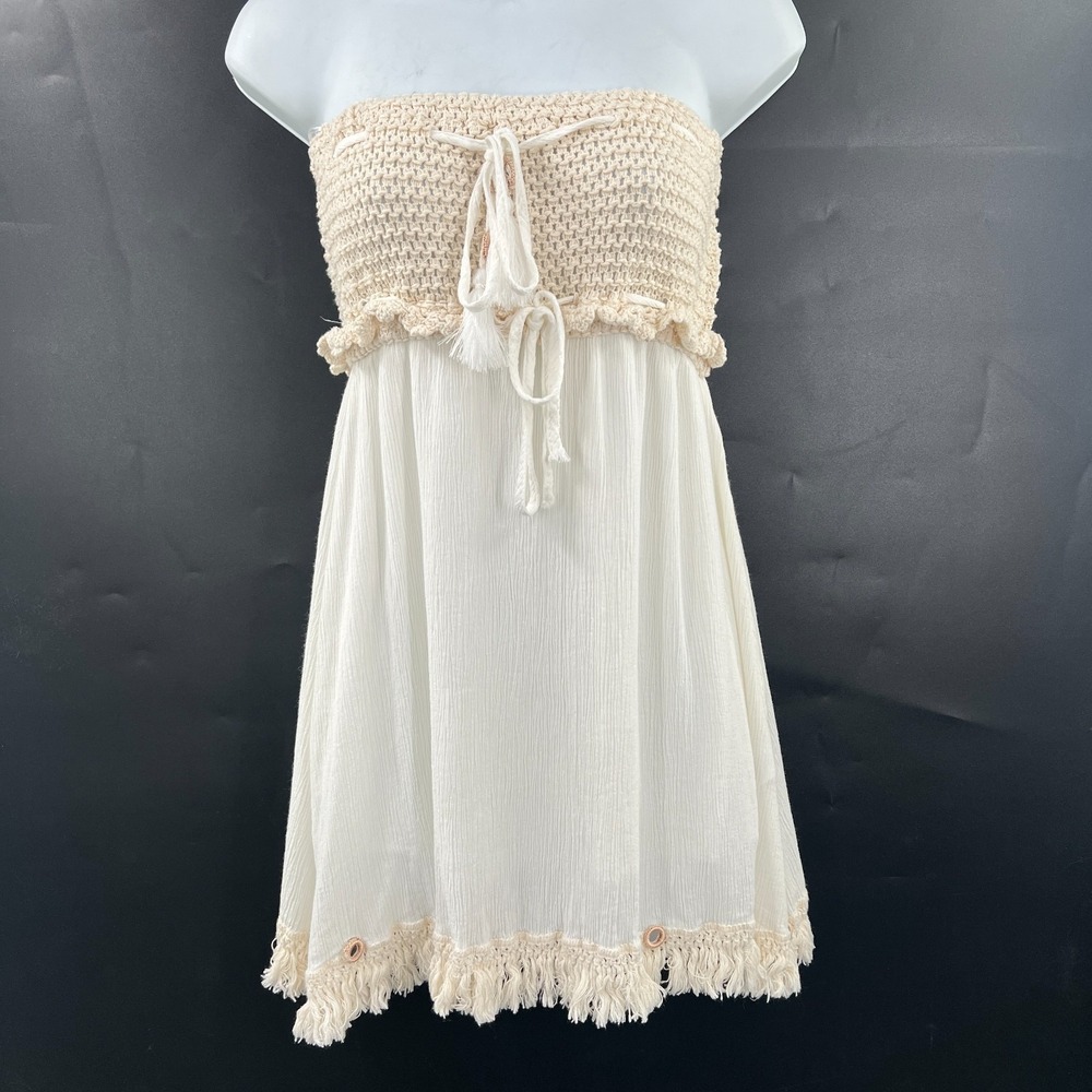 Ocean Drive crochet crinkle strapless boho top y2k beach surf ivory hippy tunicM
